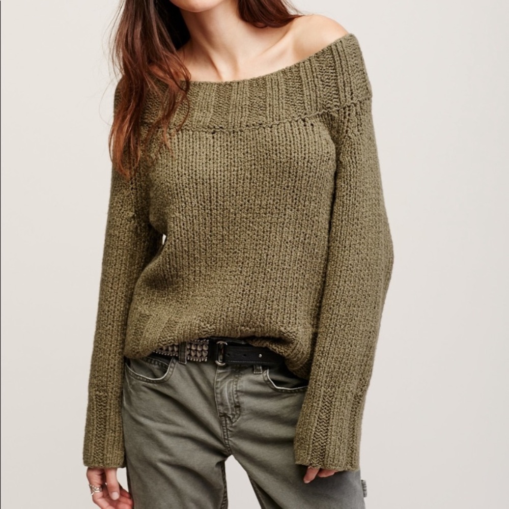 FREE PEOPLE Beachy Sweater Slouch Off Shoulder Chunky Pullover Green Large